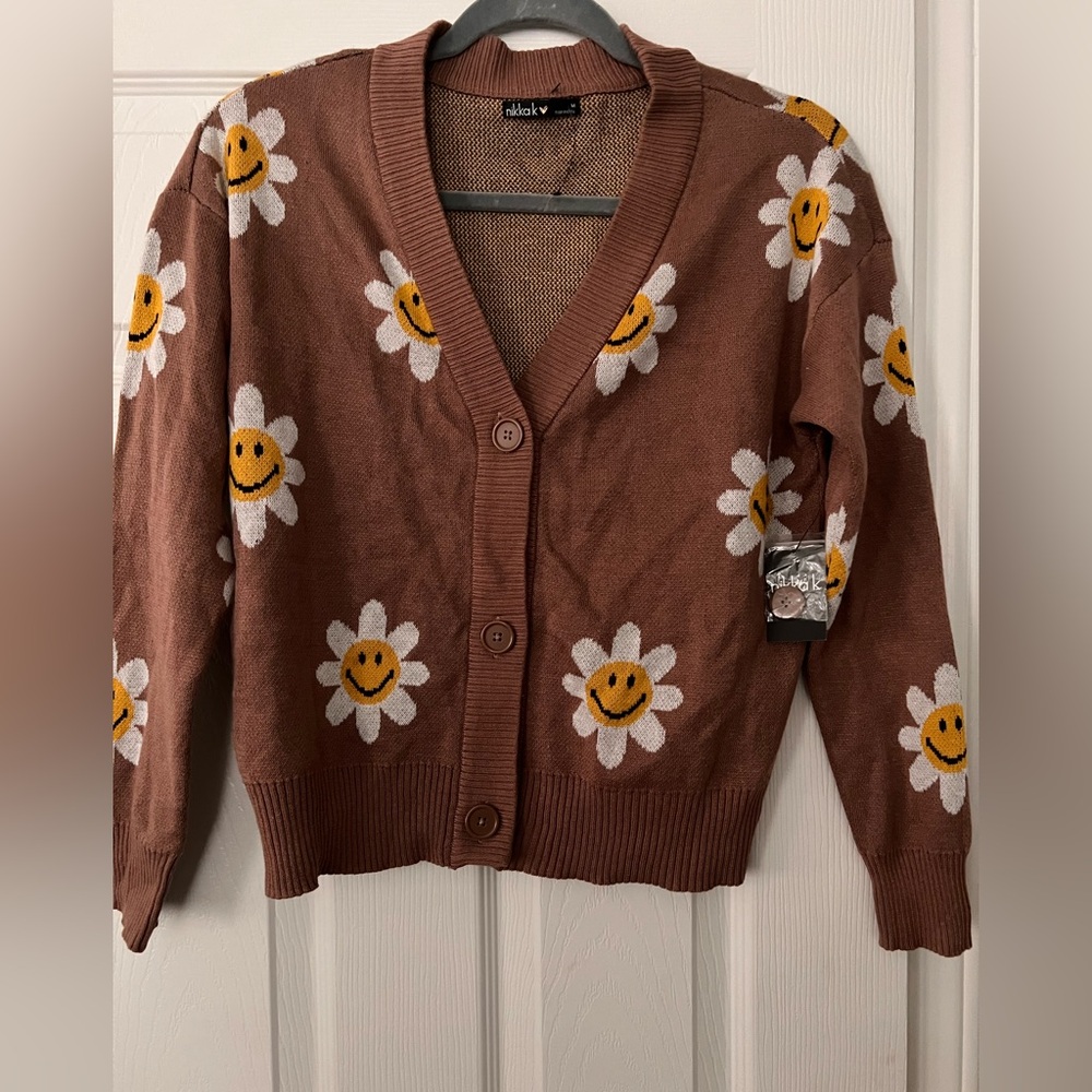 Juniors Brown Smiley Daisy Cardigan Sweater